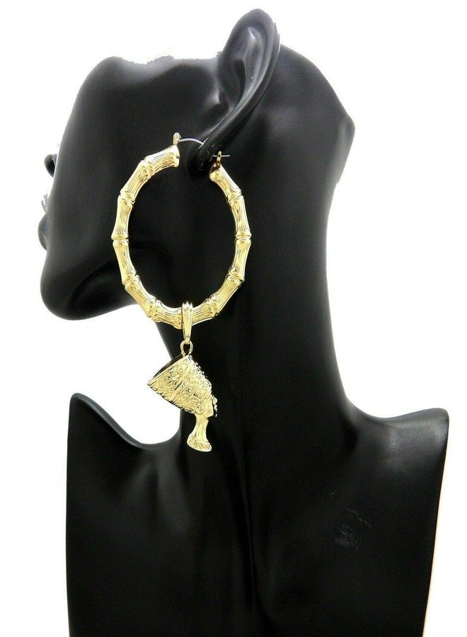 BLINGFACTORY Women's Fashion Gold Plated Nefertiti Dangling Pincatch Hoop Bamboo Earrings - Image 2